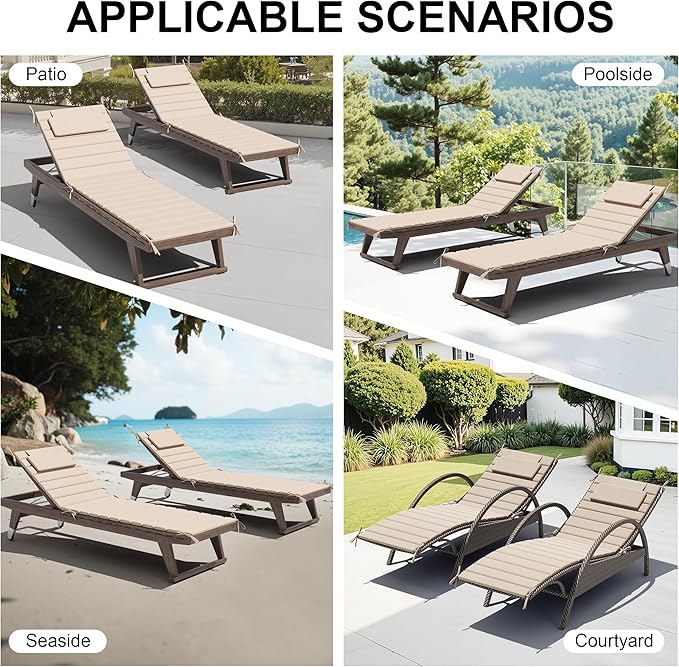 Crestlive Products Chaise Lounge Cushion Outdoor Set of 2, Foldable Waterproof Pool Lounge Chair Cushions with Straps, Lounger Cushions for Outdoor Furniture, 80''Lx26''W (Beige)