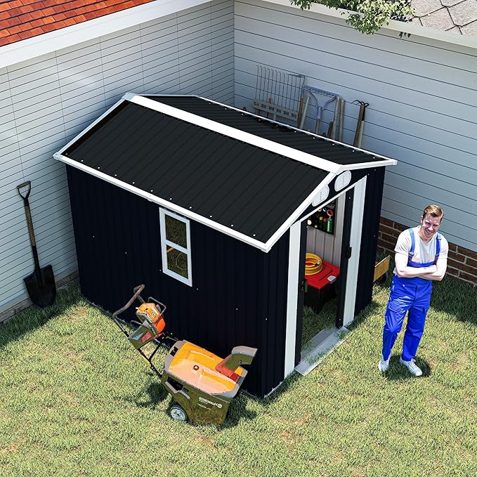 KEIKI 8x6 FT Outdoor Storage Shed, Metal Garden Shed, Heavy Duty Tool Shed, Lockable Weatherproof Storage House with Air Vents for Backyard Patio Outdoor Storage, Dark Gray
