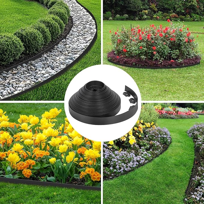 2-Inch x 200 FT Landscape Edging Border with 300 Stakes, Plastic Garden Edging Border Kit, Flexible No Dig Lawn Edging Border for Garden Flower Beds Yard Pathway Paver (Black)