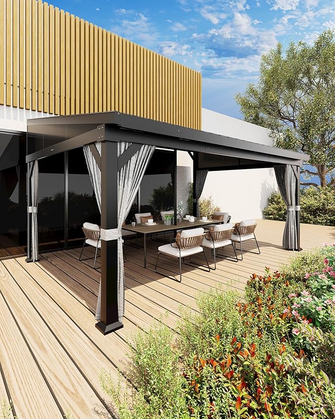 10'x14' Wall-Mounted Lean-to Gazebo with Galvanized Steel Roof, Gutters & Sliding Netting/Curtains β Hardtop Metal Pergola Canopy for Patio, Backyard, Garden, or Carport β Weather-Resistant & Durable