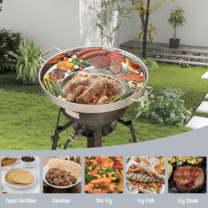 Feasto 23" Stainless Steel Concave Comal Set, Discada Disc Cooker with 54,000 BTU Paella Burner and Adjustable Stand Set, Cazo Para Carnitas Tortillas Stir Fry Wok for Outdoor Cooking, CSA Certified