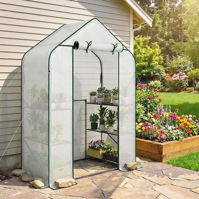 Outsunny 4.7' x 2.3' x 6.2' Small Greenhouse for Outdoors, 3 Tiers 6 Shelves, Portable Greenhouse with UV-Resistant PE Cover, Walk-in Green House with Roll-Up Door, White