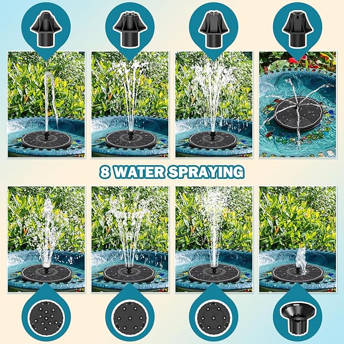 SZMP Solar Fountain for Bird Bath Spraying Water on Cloudy Day, Solar Water Fountain Pump Outdoor Garden 3.5W Black Glass Panel with 2000mAh Battery Replaceable Nozzles