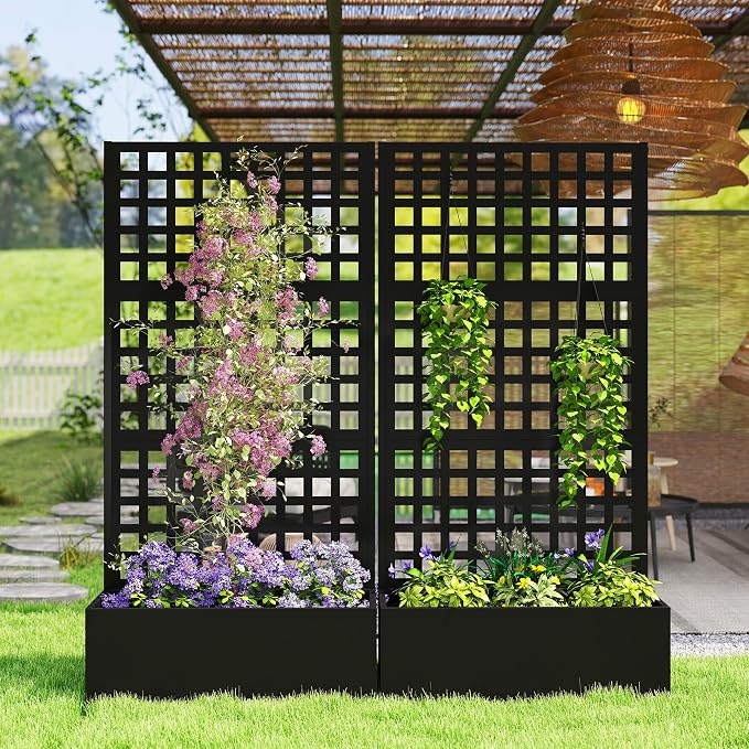 Outsunny Galvanized Raised Garden Bed with Trellis, Metal Planter Box with Drainage Holes, Outdoor Privacy Screen for Climbing Plants, Vegetable, Vines, 35" x 16" x 70", Black