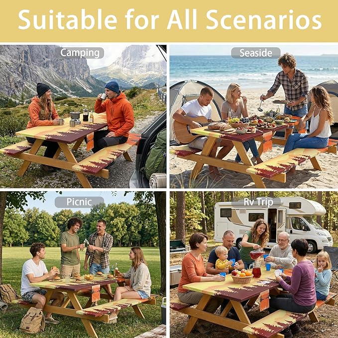 Fitted Waterproof Picnic Table Cover with Bench Covers Elastic Reusable Camping Table Cloths for 8Ft Rectangle Tables Summer Camp Motorhome Party Gear Outdoors Car Travel Trailer Gadgets Gift
