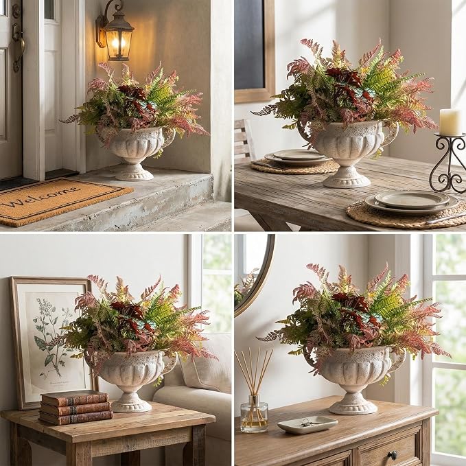 Vintage Urn Planter with Embossed Pattern, Decorative Flower Pot, Classic Round Plant Pot, European Shabby Chic Centerpiece for Mantel, Table, Entryway or Living Room Decor(13.6 * 11.9 * 8.5 in)