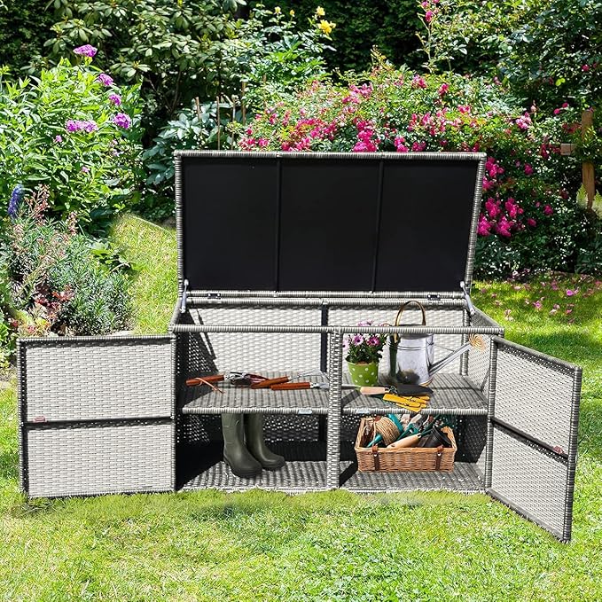 Giantex Rattan Deck Box Outdoor&Indoor 88 Gallon Wicker Storage Box W/Separate Storage Shelf, Openable Door and Tools Storage for Patio,Garden, Balcony, Porch, Yard Rattan Storage Box (Gray)