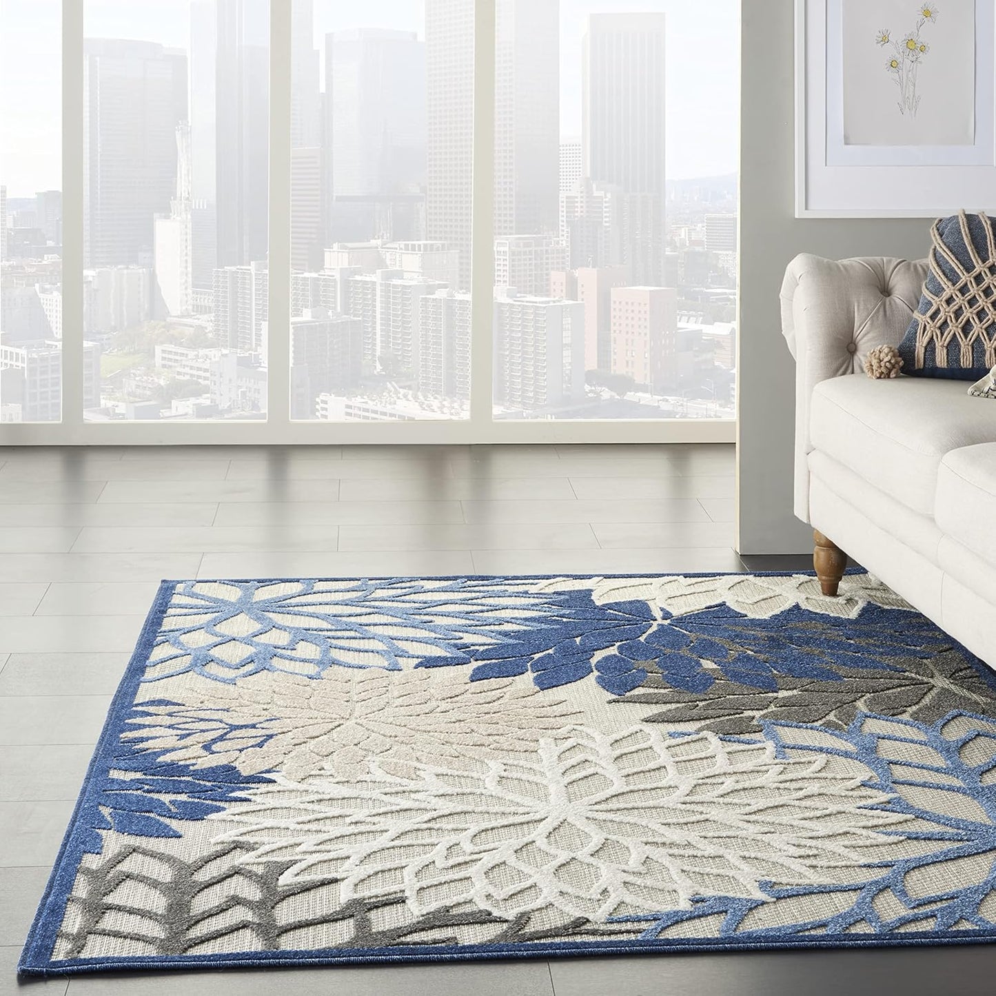 Nourison Aloha Indoor/Outdoor Blue/Multicolor 3'6" x 5'6" Area Rug, Tropical, Botanical, Easy Cleaning, Non Shedding, Bed Room, Living Room, Dining Room, Deck, Backyard, Patio (3x5)