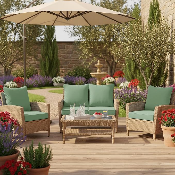 Summsun Waterproof Outdoor Patio Cushions with Removable Cover, Fade Resistant Back Pillow and Seat Cushion Set for Yard Porch Garden, 19 x 19 Inch, Sage Green, Set of 4
