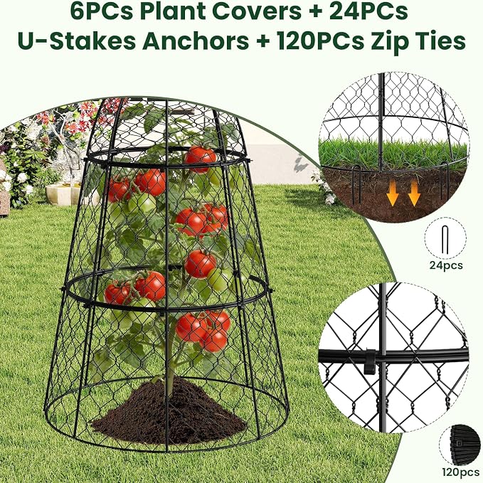 6 Pack Garden Cloche Plant Protectors from Animals, Adjustable 3-Tier Chicken Wire Plant Cages for Outdoor Plants, Stackable Metal Garden Cloches Keep Rabbits, Squirrels & Birds Away, 17.3" x 11.4"