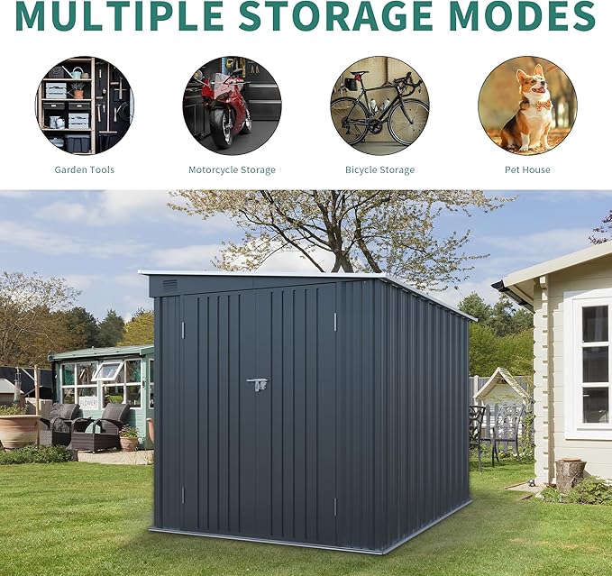 YOPTO 6x8 FT Lean to Outdoor Storage Shed,Metal Shed W/Translucent Panel,Garden Tool Storage House W/Air Vents,Lockable Double Doors & Sloped Roof,for Backyard,Patio,Lawn,Carbon Black