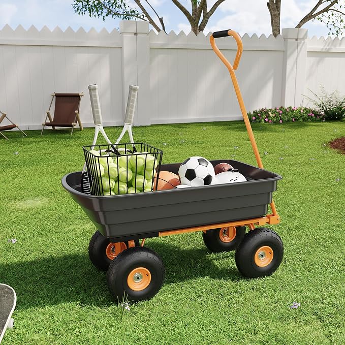 Heavy Duty Garden Dump Cart with 600 Lbs Capacity – 4 Cu.Ft Yard Utility Wagon with 10" All-Terrain Tires, 180° Adjustable Handle & Quick-Release Tipping for Soils, Plants & Tools, Black