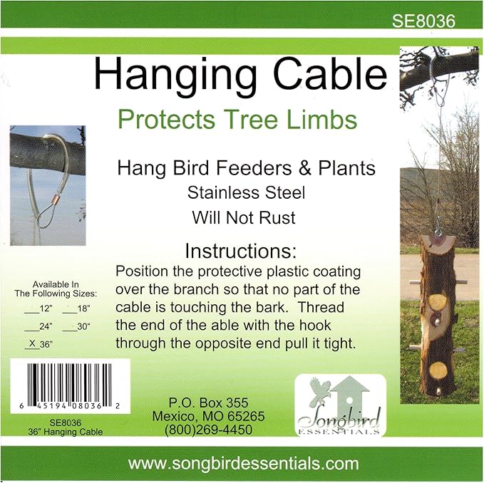 Songbird Essentials Hanging Cable Tree Limb Protector with S Hook - Steel Cable with Silicone Sleeve - Protects Tree Limbs from Heavy Bird Feeders and Decorations - 36 Inch Cable