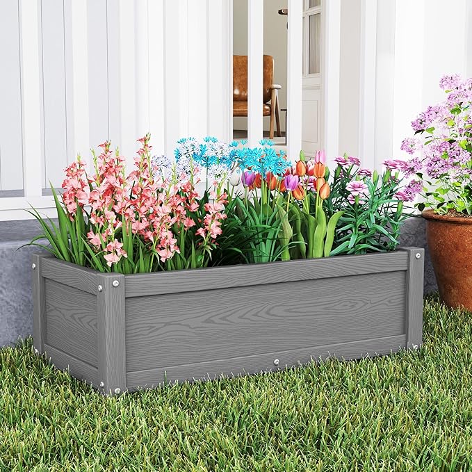 HDPE Raised Planter Box Outdoor,Rot-Resistant and Non-Cracking,Small Raised Beds for Gardening 29.5 * 14.4 * 9.8 in for Yard,Lawn,Outdoor Planter Boxes Rectangle with Drainage Holes Gray