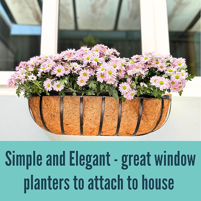 LaLaGreen Fence Planters for Outdoor Plants (24 Inch, 4 Pack) Black Metal Window Boxes Planter To Attach To House, Wall Mounted Flower Coco Baskets Outside Deck Railing Balcony Garden Porch Patio Rail