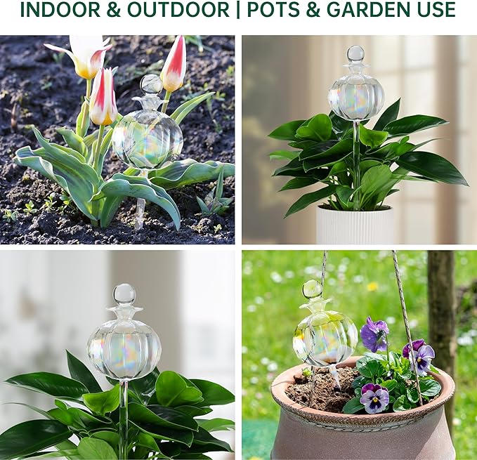 Soilagua 10 oz Large Top Fill Cactus Plant Watering Globes, Light Iridescent Glass Water Bulbs, Slow Release Self Watering Devices, Vacation Plant Watering System Self Watering Planter Insert, 4 Pack