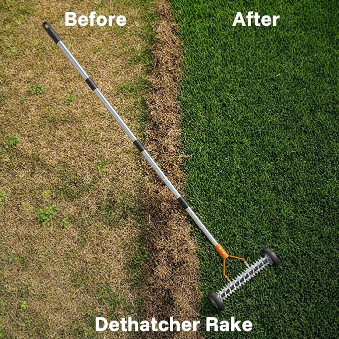 Thatch Rake for Lawn Dethatcher 15 Inch Heavy Duty Metal Rake with Wheels,Adjustable Long Handle Garden Rake for Loosening Soil Gathering Leaf
