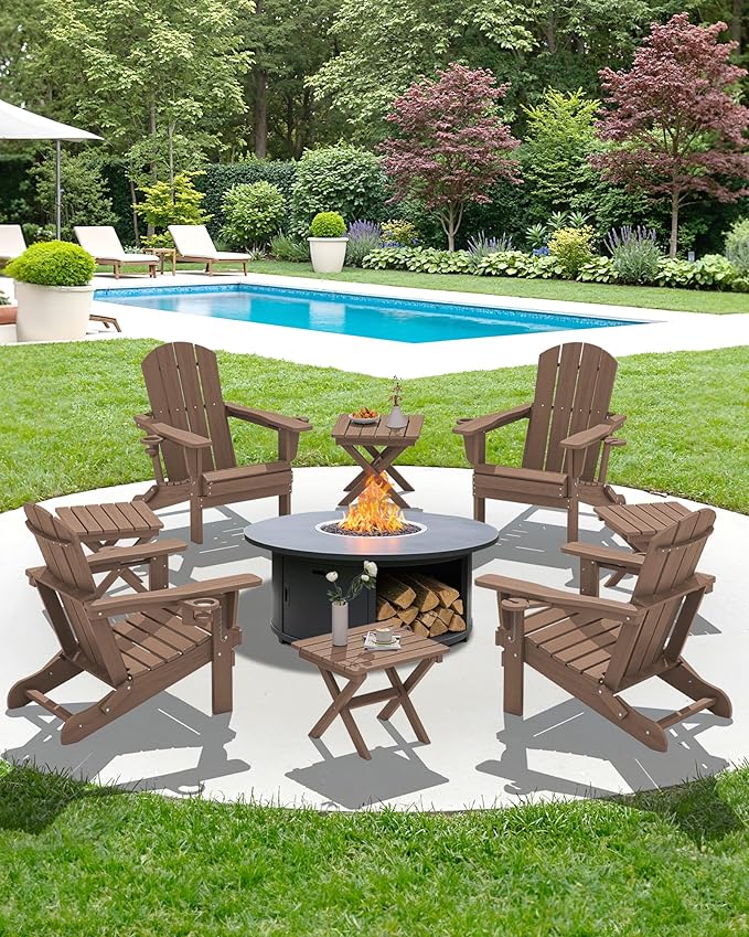 SERWALL Folding Outdoor Side Table, HDPE Adirondack End Table, No Assembly Required Small Table for Indoor and Outdoor Use, Brown