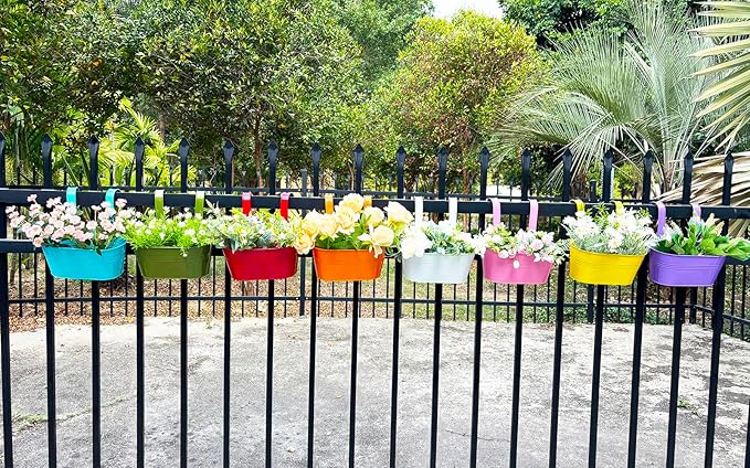 8 Pack Hanging Planters 10", Colorful Metal Bacony Railing Planter for Outdoor Decor, Countryside Fence Pot Flower Bucket for Rails Patio Garden, Plant Pot for Herb (9.8", Pack of 8)