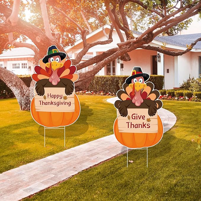 Large Thanksgiving Yard Signs 2pc with Stakes Turkey Pumpkins Give Thanks Happy Thanksgiving Decorations Outdoor Harvest Garden Signs Seasonal Holiday Party Supplies Lawn Yard Decorations