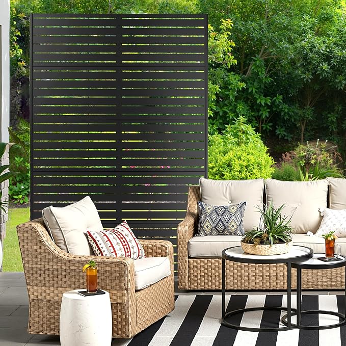 Metal Privacy Screen for Outdoor & Indoor Use, Free Standing Privacy Screen for Patio Garden Pool, 72" H x 44" W Decoative Privacy Panels, Weather Resistant, Easy Assembly (Black Louvered Floral)