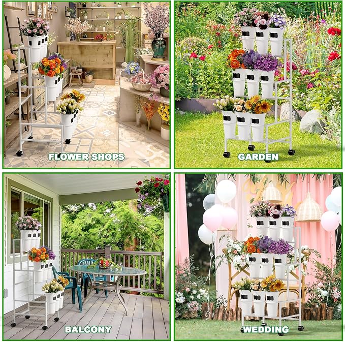 Flower Display Stand with 9 Buckets, 3 Tier Metal Flower Cart Display Stand with Wheels, Flower Bar Stand for Garden Flower Shop Indoor Outdoor Wedding Party Decor, White
