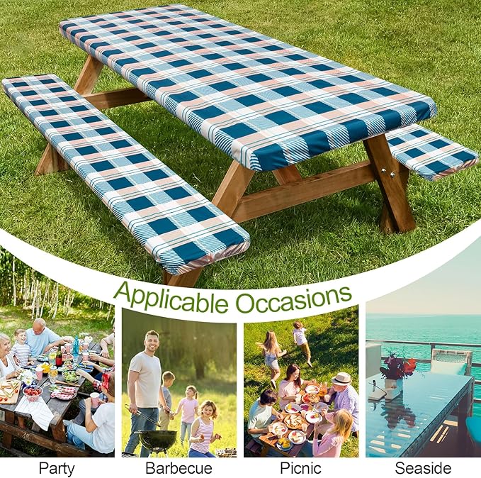 Play Tailor Picnic Table Cover with Bench Covers Camping Essentials Waterproof Windproof Camping Tablecloth with Drawstring Bag, Fitted Rectangle Tables and Seats, 72in, Green Checkered