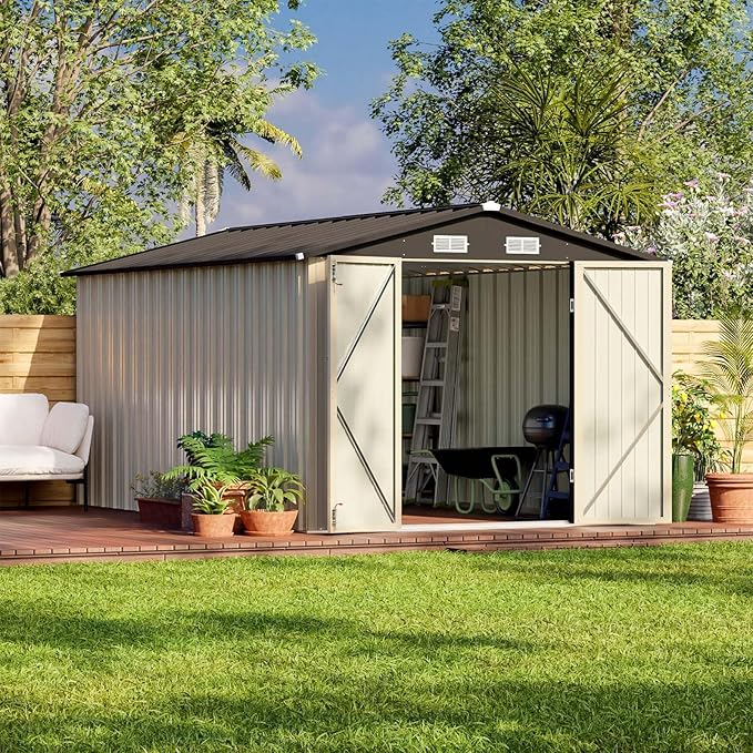 Patiowell 12 x 8 FT Outdoor Storage Shed, Large Metal Shed Storage with Lockable Doors and Steel Frame, Utility Tool Outside Storage Shed for Garden, Patio, Backyard, Brown