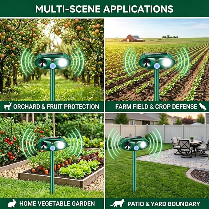 4 Pack Upgraded Sonic Fortress Pro Deer Repellent Cat Deterrent Outdoor Solar Ultrasonic Animal Repeller with Motion Sensor Strobe Light for Skunk Rabbit Raccoon Squirrel Fortress Pro for Yard Garden