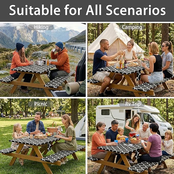 Fitted Picnic Table Cover with Chair Covers Elastic Water Resistant Camping Tablecloth for 6 Foot Rectangle Tables Garden Patio Outdoor Organization Road Trip Hiking Motorhome Essential Gift