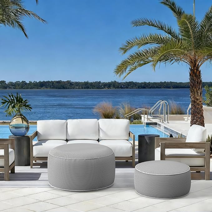 LVTXIII Indoor/Outdoor Inflatable Ottoman with Handle D21 x H9 Inch, Weather-Resistant Round Footstool Pouf for Patio Camping Living Room, Portable Footrest Extra Seating, Topanga Stripe Grey