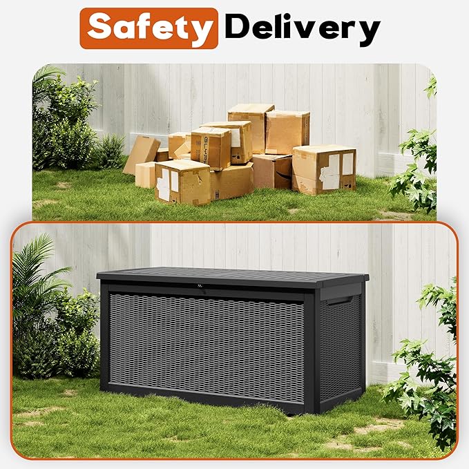 KAMABOKO 280 Gallon Outdoor Storage Box, Resin Deck Boxes Indoor and outdoor, Waterproof Storage Box Lockable Lid for Garden Tools, Package Delivery, Patio Cushions, Black