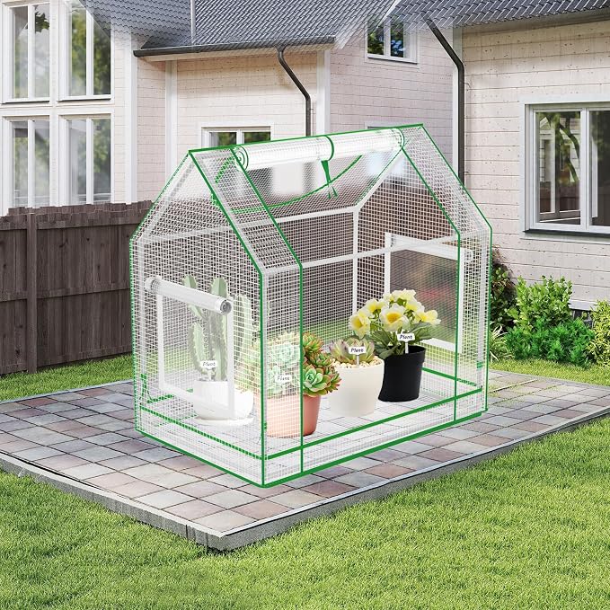 Mini Greenhouse Indoor with Waterproof PE Bottom Mat, 27.5x19.6x27.1in Tabletop Greenhouse for Seed Starting, Portable Small Greenhouse for Outdoors, Multi-Window Design & 4 304 Stainless Steel Labels