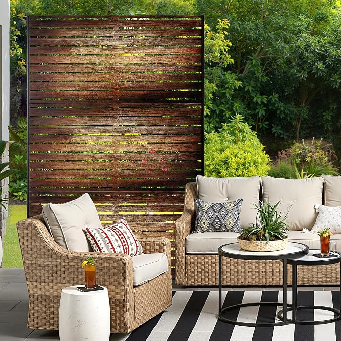 Metal Privacy Screen for Outdoor & Indoor Use, Free Standing Privacy Screen for Patio Garden Pool, 72" H x 47" W Decoative Privacy Panels, Weather Resistant, Easy Assembly (Wood Grain)