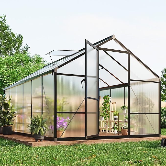 Garvee 8 x 12 ft Greenhouse, Greenhouses for Outside, Polycarbonate Greenhouse with Aluminum Frame, Lockable Door and Ajustable Roof Vent for Backyard, Green Houses for Outside Garden Backyard, Patio