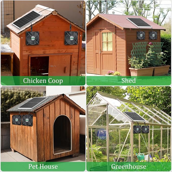 blessny 5.5" Solar 2 Fan Kit for Intake or Exhaust air, Weatherproofed Solar Powered Fans for Outside Chicken Coops, Greenhouses, Shed, Pet House Air Ventilation