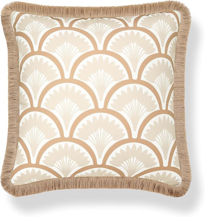 Hofdeco Premium Coastal Hampton Patio Indoor Outdoor Throw Pillow Cover Only, 20"x20" Water Repellent for Backyard, Couch, Poolside, Neutral Tan Print Tropical Ravenala Palm Tree