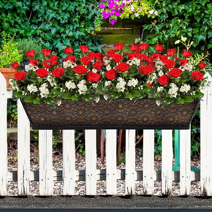 Halatool 4 Pack 30 Inch Window Box with Coco Liner Sturdy Metal Deck Railing Planter with Coconut Coir Basket Liners for Windowsill Fence Porch Balcony and Patio Outdoor Indoor Lawn