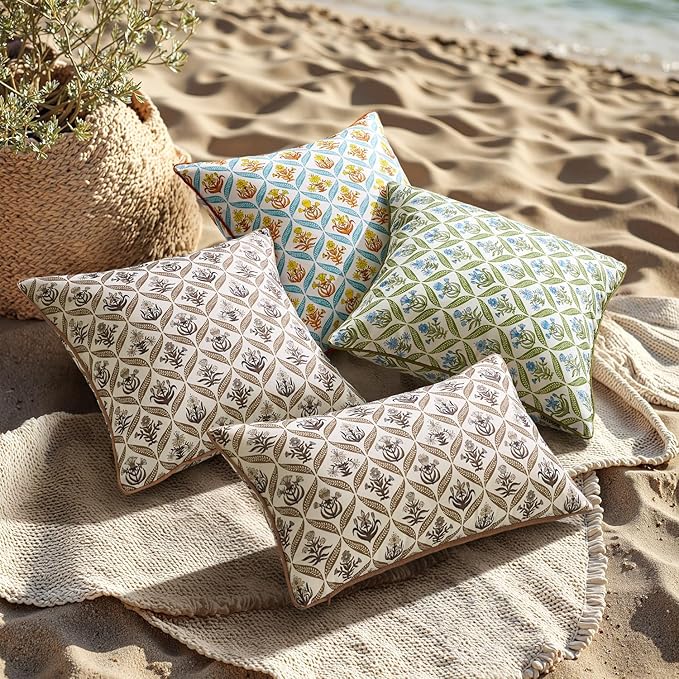 ANRODUO Floral Outdoor Pillow Covers 18x18 Waterproof Set of 2 Block Print Accent Decorative Cushion Cases with Refined Edge Piping for Spring Patio Porch Garden Couch Sofa Bench Decor Brown