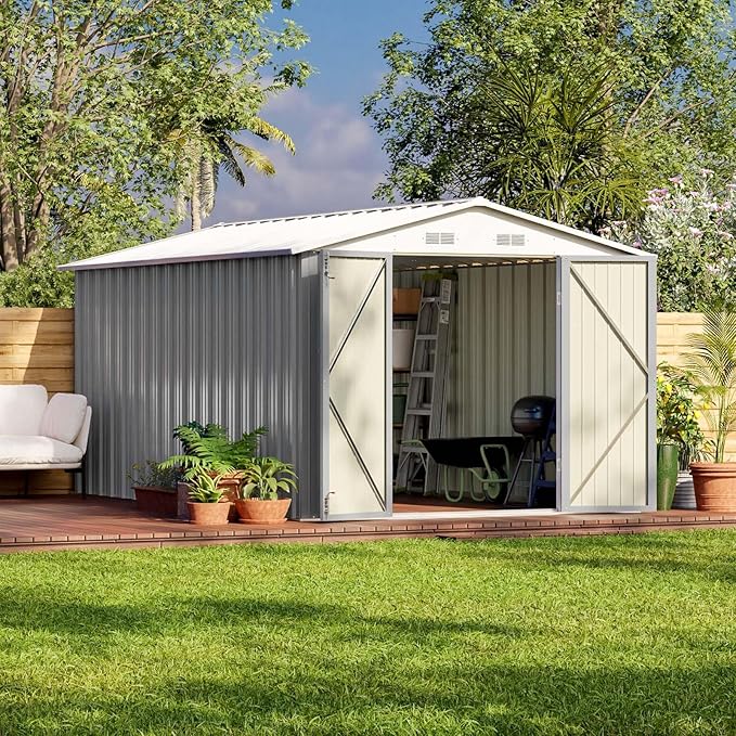 Patiowell 12 x 8 FT Outdoor Storage Shed, Large Metal Shed Storage with Lockable Doors and Steel Frame, Utility Tool Outside Storage Shed for Garden, Patio, Backyard, Gray