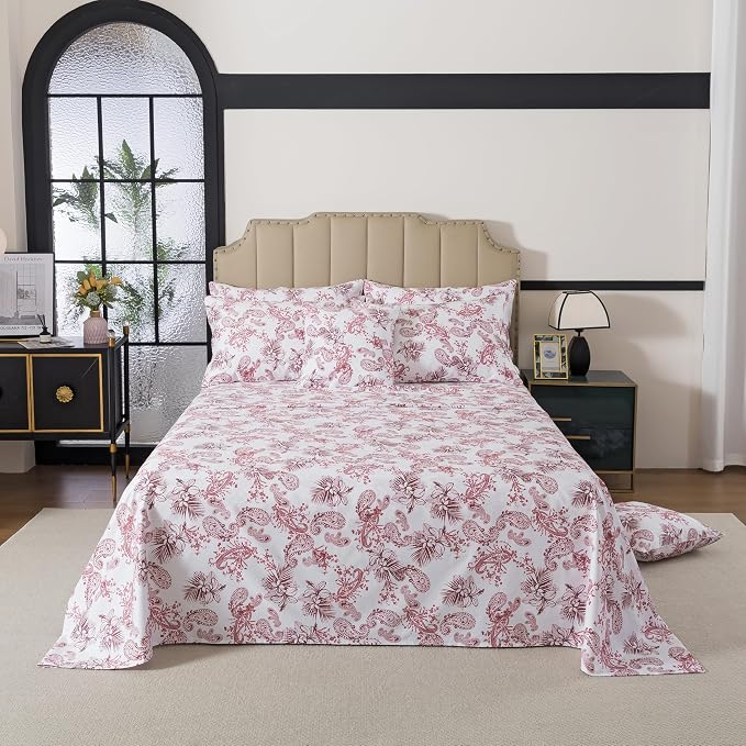 FADFAY Twin XL College Bedding Red Paisley Sheets Extra Long Dorm Room Essential Bedding 100% Egyptian Cotton Soft Breathable Sheets Exotic Tropical Floral French Country Vintage Farmhouse Sheet 4Pcs