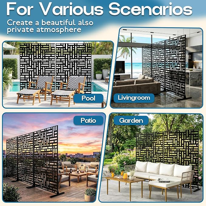MTART Metal Privacy Screen 72" H x 47.2" Decorative Outdoor Privacy Screen Privacy Panel with Stand for Balcony Deck Patio Lawn Garden, Privacy Fence (Black-Street)