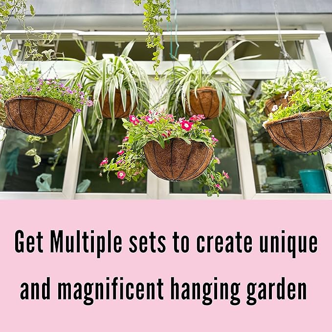 LaLaGreen Hanging Planters with Coco Liners (12 Inch, 3 Pack) Hanging Baskets for Plant Outdoor, Hanging Plant Pot Flower Metal Wire Round Holder Hanger Hook Chain Deck Porch Garden Balcony Boho Decor