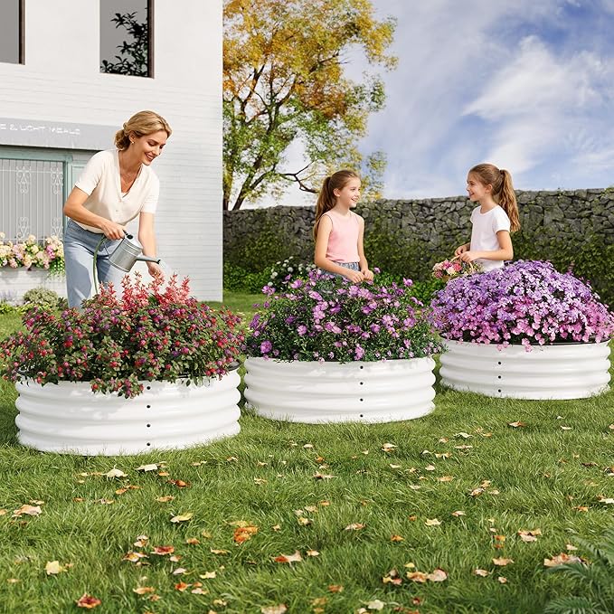 2 x 1FT Round Galvanized Raised Garden Bed – Metal Planter Box Kit with Rust & Corrosion Protection, Safe Rubber Edge, Open Bottom Design – Easy Assembly for Vegetables, Flowers, Fruits