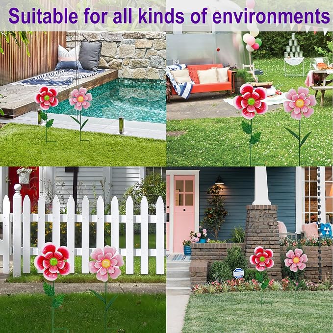 2 Pack Metal Flower Wind Spinner for Yard, 18in Outdoor Garden Stake with Retro Floral Design, Kinetic Patio Lawn Art, Weather Resistant Spring Decor