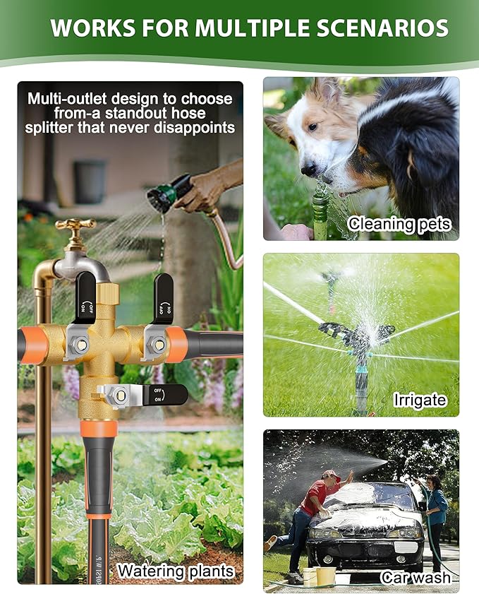 Garden Hose Splitter, 3 Way Heavy Duty Brass hose splitter, Water Hose Bib Spigot Splitter with 0.59" Full Flow Ball Valve Outlet & Shut-Off Valve 3/4'' Connector Outdoor Water Faucet Adapter