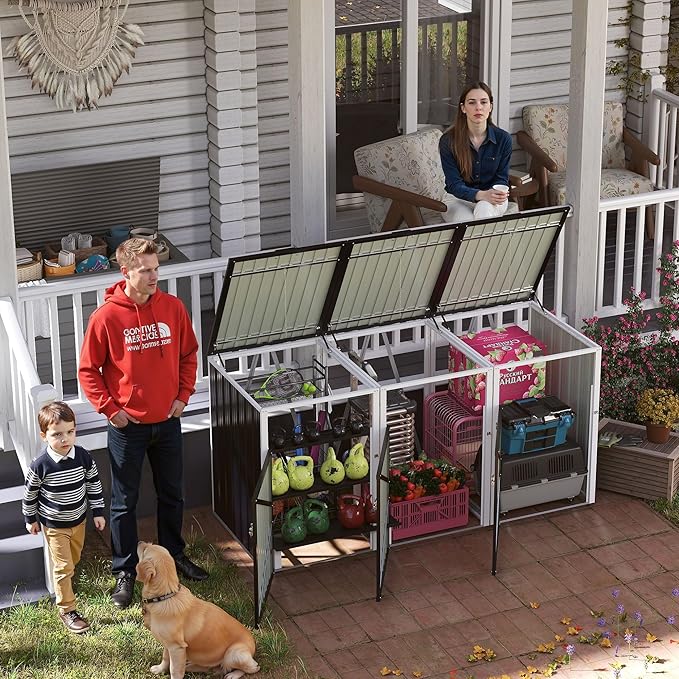 KEIKI 83 Cu.Ft Metal Outdoor Trash Can Storage Shed for 3 Bins, Garbage Bin Enclosure with Pneumatic Lid & Double Chain Design, Outdoor Storage for Garden, Patio & Lawn, Dark Gray