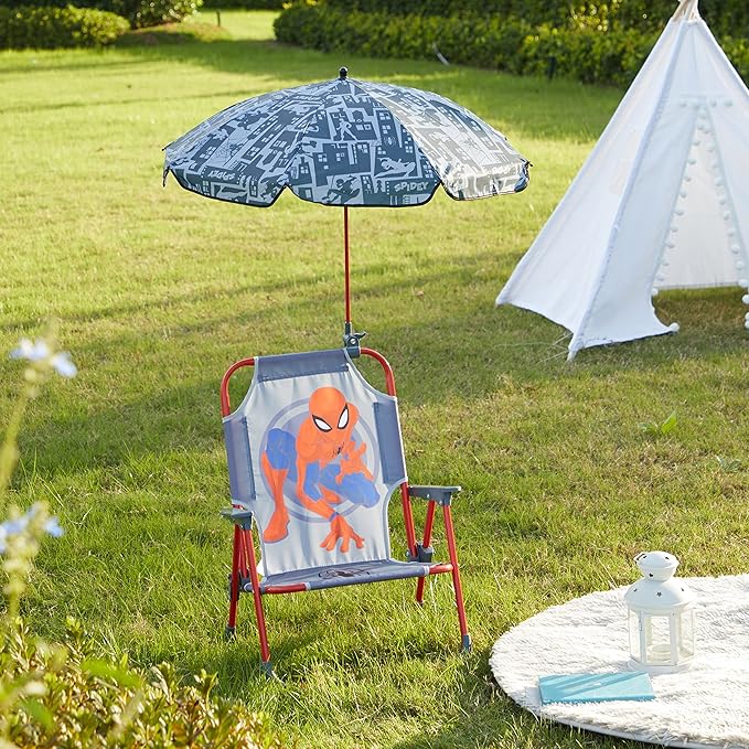 Marvel Spiderman Kids Beach Chair with Umbrella,Portable Folding Outdoor Chair with Shade,Lightweight & Durable for Ages 3+