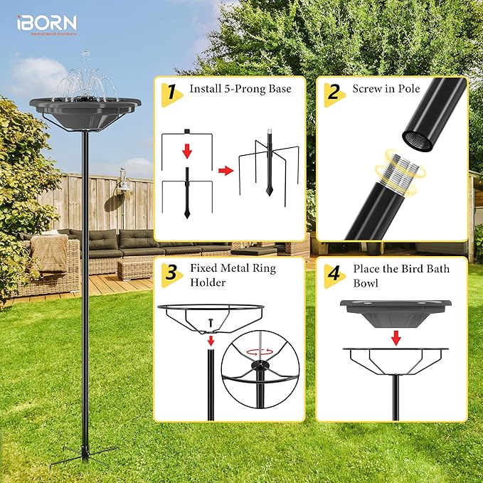 iBorn Bird Bath for Outside,36″ Freestanding Bird Bath with 3 Adjustable Height Pole,12″ BPA-Free Plastic Bowl,5-Prongs Base,Metal Pole and Plastic Birds Baths Bowl,Gray,1 Pack(Not Include Fountain)