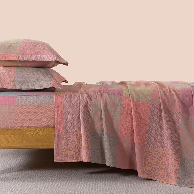 FADFAY Queen Sheets Set 100% Cotton Washed Double Gauze Muslin Bedding 4Pcs Boho Patchwork Checkered Floral Sheets Shabby Geometry Farmhouse Bedding Super Soft Deep Pocket Fitted Sheet, Queen Size